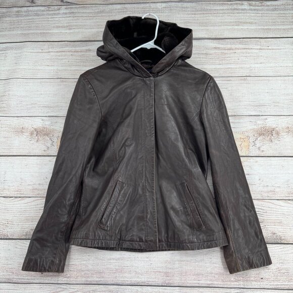 Vintage Ann Taylor Faux‎ Fur Lined Hood Leather Jacket Women's Size Small Brown - Picture 1 of 12